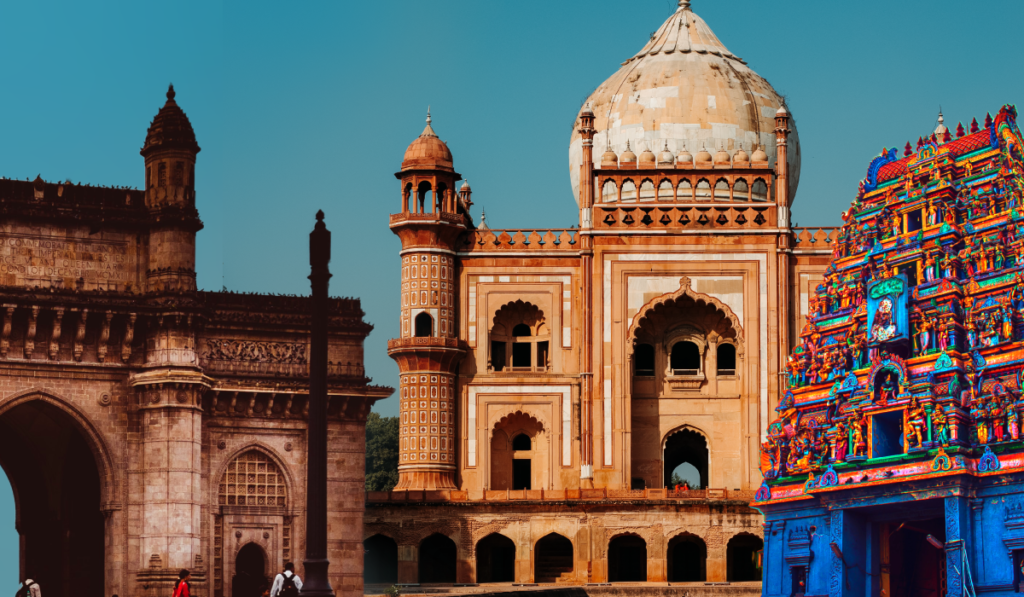 India - Landmarks of Mumbai, Delhi, and Chennai left to right